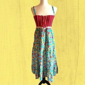 70s vintage crochet lace up dress floral tiered skirt